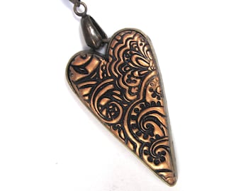 Contemporary paisley heart Bronze-tone Elongated shape/minimalist design Striking accessory Unique gift for someone special  FREE gift pouch