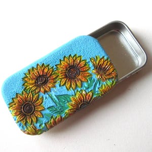 Vincent&#39;s Sun Flowers art pillbox| Hand painted textured polymer clay| Slide top pill tin| Unique purse accessory| Pre-wrapped in gift pouch