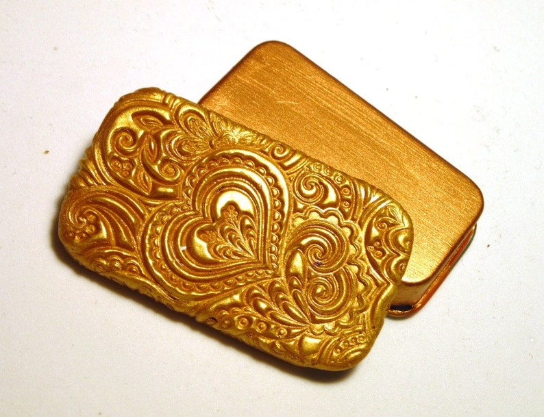 Metal Pill Box Gold Tone Hearts Pattern Great Handmade Gift Flat Slide Top Pill Box FREE Velvet Gift Pouch Purse Accessory Wedding Ring Box image 3