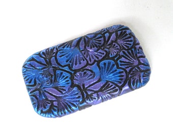 Pill Box Tiny ginkgo leaves in shimmery blue violet Metal slide top tin Beautiful purse accessory Unique handmade gift FREE gift pouch