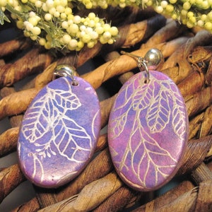 Silvery leaf tracery on violet blue earrings|  Handcrafted in polymer clay| Comfortably lightweight| FREE gift pouch| Nickel-free post