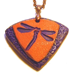 Dragonfly Pendant Purple and Orange Dramatic accessory for your wardrobe Contemporary style in triangular shape FREE gray velvet gift pouch