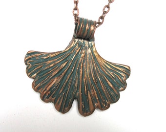 Ginkgo leaf pendant Patina green with bronze highlights Unique handmade gift, Delivers pre wrapped in FREE drawstring gift pouch