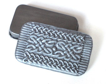 Metal Pill Box Silver tone Viking Celtic endless knot design Slide Top Tin Handmade unisex gift FREE gray velvet pouch