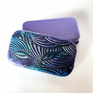 MINI Pill Box Iridescent Jewel Tone pattern Metal slide top tin Beautiful purse accessory Unique handcrafted gift FREE velvet gift pouch