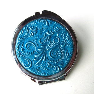Compact Mirror for purse Teal blue and Silver rococo pattern Beautiful purse accessory Perfect bridesmaid gift Handcrafted FREE gift pouch