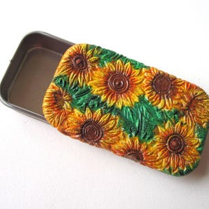 Sun Flower field art pillbox inspired by van Gogh| Hand painted textured polymer clay| Compact slide top tin|  Pre-wrapped in gift pouch