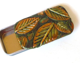 Pill Box Woodland Leaves Green and Bronze Purse accessory Pocket pill holder Slide-top pill case Unique handmade unisex gift FREE gift pouch