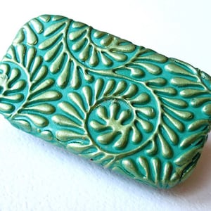 Metal Pill Box Art Nouveau Fern pattern Turquoise Blue/Green Purse accessory Slide top metal tin Unique handmade FREE organza gift pouch