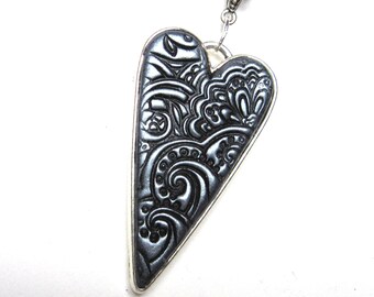 Contemporary heart Silvery paisley Elongated shape /minimalist design Striking accessory Unique gift for special Valentine FREE gift pouch