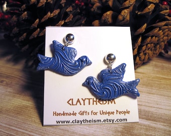 Blue peace dove earrings|  Handcrafted in polymer clay| Perfect holiday gift| Comfortably lightweight| FREE gift pouch| Nickel-free posts