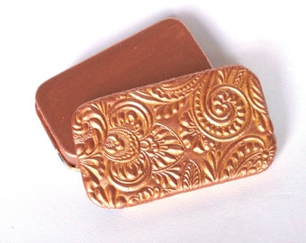 Metal Pill Box Gleaming gold paisley design Unique sophisticated gift Secure pill storage in slide top tin FREE gift pouch