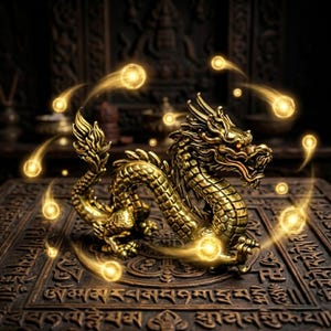 Könnte beinhalten: Eine goldene Drachenfigur mit aufwendigen Details, platziert auf einer geschnitzten Holzoberfläche. Der Drache hat rote Augen und ist von leuchtenden Kugeln umgeben, was eine mystische und verzierte Ästhetik erzeugt. Der Hintergrund ist dunkel und unscharf.