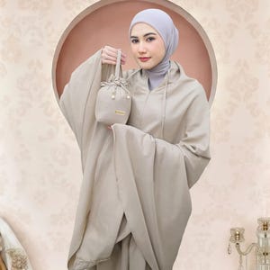 Nara Women Prayer Set, Premium Cotton Prayer Dress 2 in 1 French Khimar Style, Travel Mukena with Zipper, Portable Traveling Telekung Set