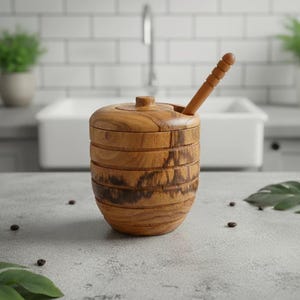 May include: A wooden spice jar with a lid and a small spoon. The jar is cylindrical with horizontal grooves and a natural wood grain finish. The spoon rests in the jar, and the background shows a kitchen setting.