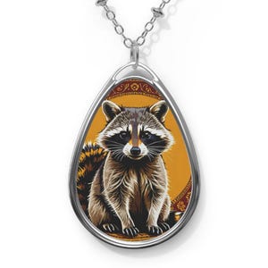 Raccoon Necklace, Cute Baby Raccoon Pendant for Animal Lovers, Oval Charm Jewelry Gift, Sun Yellow Wildlife Accessory, Mother&#39;s Day