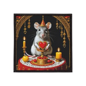 May include: A white mouse wearing a crown holds a red heart on a golden pedestal. The mouse is sitting on a red and gold table with candles and cherries. The background is a dark, ornate archway.