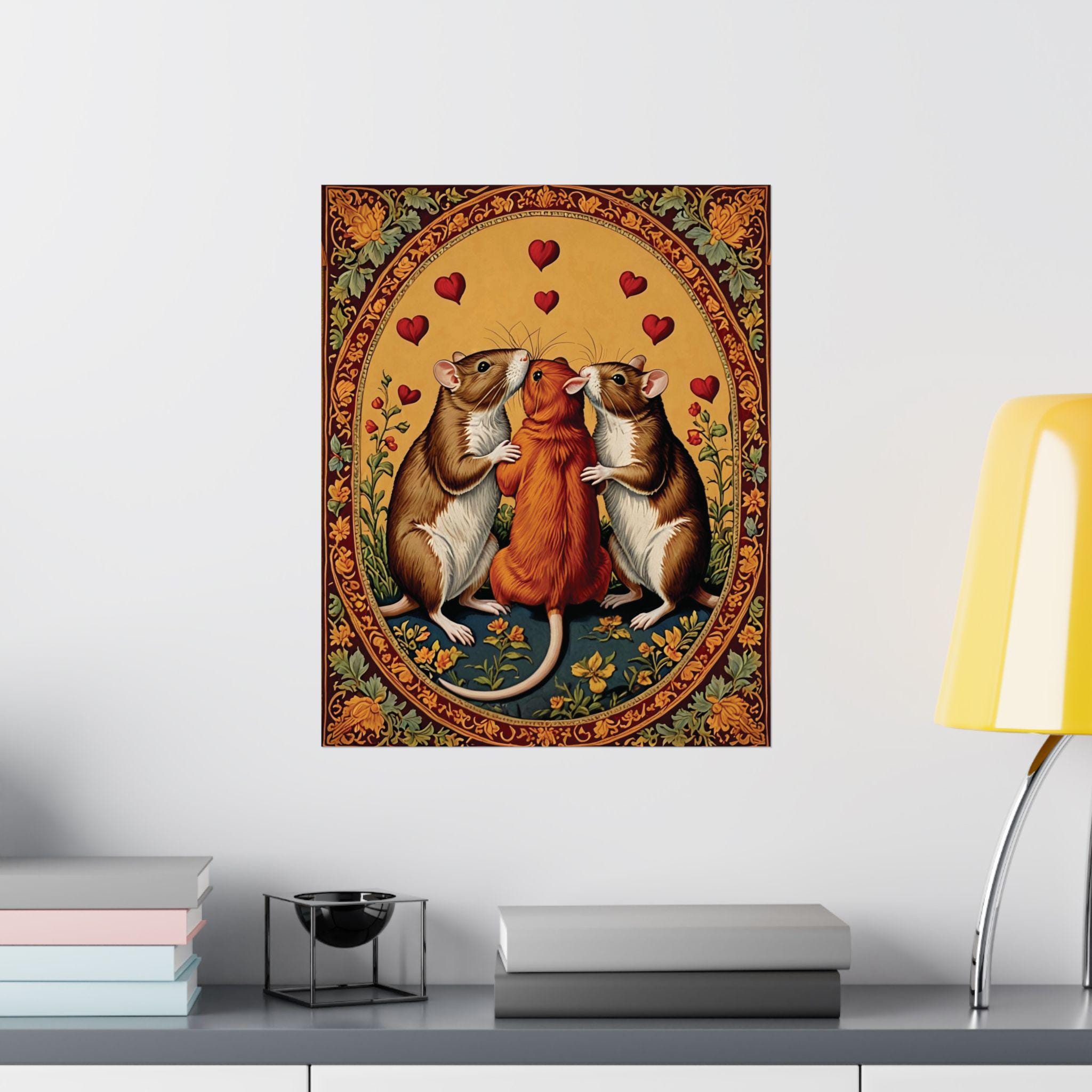 Rodent Romance Rat Trio Matte Vertical Poster, Animal Love Art Print, Floral Wall ...