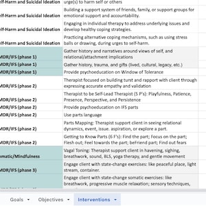May include: A table with a list of interventions for self-harm and suicidal ideation, EMDR/IFS (phase 1, 2, and 3), and Somatic/Mindfulness. The interventions include building a support system, engaging in individual therapy, practicing alternative coping mechanisms, gathering history, providing psychoeducation, using parts language, and engaging in state-change exercises.