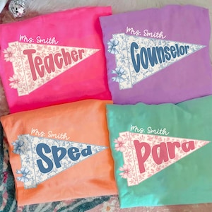 Custom Coquette Teacher Counselor SPED PARA Comfort Colors Shirt, Toile Pennant School Staff Shirt, Back to School Shirt, Retro Teacher Tee