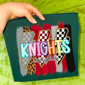 Knights Lightning Bolt Custom School Mascot Shirt, School Mascot Tee, Neon Mascot Retro Checkered Sport Shirt, School Spirit, Knights Mascot