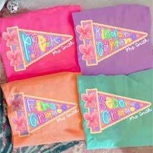 Custom Pre School Back to School Grade Shirt, Teacher Shirt, School Spirit Teacher Shirt, Coquette grandmillenial Bow Pennant Flag Shirt