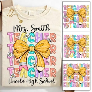 Custom Name Teacher T-Shirt: Pencil Coquette Bow Design