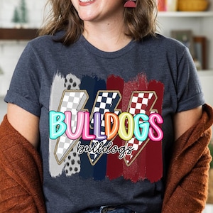 Bulldogs Team Lightning Bolt School Mascot Shirt, School Mascot Shirt, Neon Mascot Retro Checkered Sport Shirt, School Spirit, Bulldogs Team