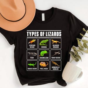 May include: Black t-shirt featuring a graphic of various lizard types, including Leopard Gecko, Iguana, and Bearded Dragon. The text "TYPES OF LIZARDS" is displayed above the illustrations. A tan hat and a white mug are in the background.