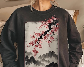 Japanese Ink Wash Sweatshirt: Cherry Blossom Mountain Art