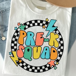 Pre-K Squad Shirt Retro Back to School Tee | Preschool Teacher T-Shirt with Checkerboard & Lightning | Cute Pre-K Team Shirt