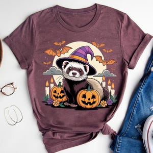 Halloween Ferret Shirt – Cute Witch Ferret T-Shirt with Pumpkins and Bats, Funny Ferret Lover Gift Tee, Pet Ferret Halloween Outfit