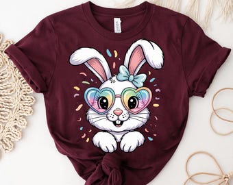 Cute Bunny Heart Glasses Shirt – Adorable Rabbit with Bow T-Shirt – Funny Bunny Graphic Tee – Animal Lover Gift Top
