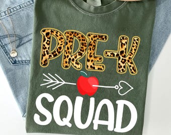 Camiseta con estampado de leopardo para docentes del equipo de preescolar: camiseta de regreso a clases con flecha de manzana