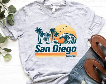 San Diego California Shirt: Retro Sunset Palm Tree Beach Tee