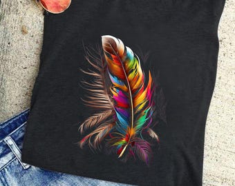 Colorful Feather Graphic T-Shirt: Tribal Boho Festival Top
