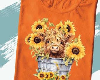Highland Cow Sunflower Shirt - Cute Heifer in Bucket Tee - Country Farm Animal Gift - Rustic Floral Cow Shirt