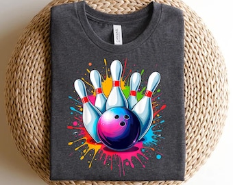 Colorful Bowling Shirt: Retro Bowling Ball & Pins Graphic Tee