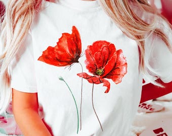 Red Poppy Flower Shirt: Watercolor Floral Tee, Botanical Garden Top