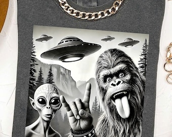 Funny Bigfoot and Alien UFO Shirt – Rock On Cryptid Tee, Outer Space Forest Graphic Shirt, Sasquatch Humor Gift for Men Women