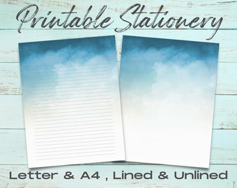 Watercolor Clouds Printable Stationery Set, Printable Stationery Paper, Downloadable Letter Writing, Printable Journal Paper, Blue Sky Paper