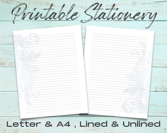 Blue Flourish Printable Stationery Set, Printable Stationery Paper, Downloadable Letter Writing, Printable Journal Paper, Decorative Paper