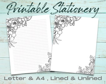 Black & White Floral Printable Stationery Set, Printable Stationery Paper, Downloadable Letter Writing, Printable Journal Paper, Magnolia