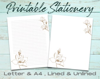 Brown & White Floral Printable Stationery Set, Printable Stationery Paper, Downloadable Letter Writing, Printable Journal Paper, Magnolia