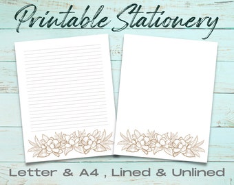 Brown & White Floral Printable Stationery Set, Printable Stationery Paper, Downloadable Letter Writing, Printable Journal Paper, Magnolia