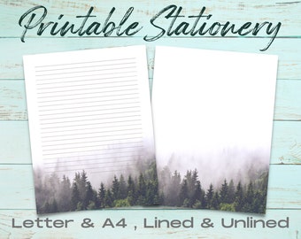 Foggy Forest Printable Stationery Set, Printable Stationery Paper, Downloadable Letter Writing, Printable Journal Paper, Mountain Trees