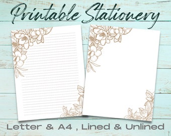 Brown & White Floral Printable Stationery Set, Printable Stationery Paper, Downloadable Letter Writing, Printable Journal Paper, Magnolia