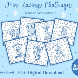 Può includere: Un set di otto carte stampabili per sfide di risparmio a tema invernale. Ogni carta presenta un diverso design di pupazzo di neve e un divertente obiettivo di risparmio, come "Mi scioglierei per te" o "Rimani al fresco".
