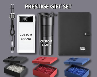 Prestige Executive Gift Box | Custom Notebook, Tumbler, Power Bank, Charger & Gift Wrap | Branded Corporate Bundle