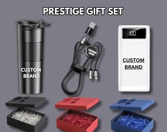 Custom Logo Tech Gift Set  | Engraved Thermos, Power Ban, 3-in-1 Charging Cable  | Executive Corporate Gifts | Bulk Order Available
